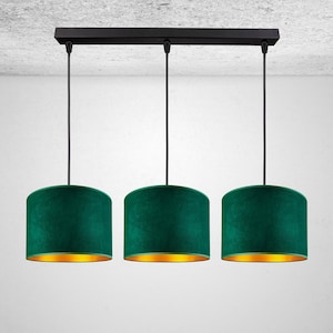 Modern hanging lamp with velvet shade - stylish pendant lamp in bottle green 3-bulb