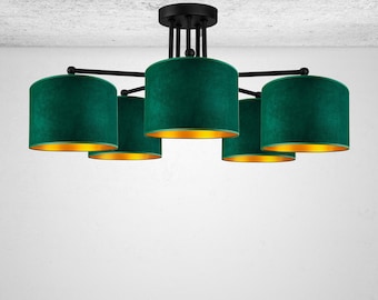 Bottle green velvet ceiling lamp 5xE27