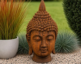 RUSTIGO Shiva-hoofd met authentieke roestpatina – Handgemaakt stenen beeld voor tuin en terras