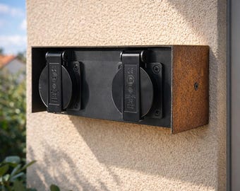 Doppelsteckdose Außen Rost Design | Outdoor Steckdose IP44 230V | Garten Steckdose mit echtem Rost Gehäuse