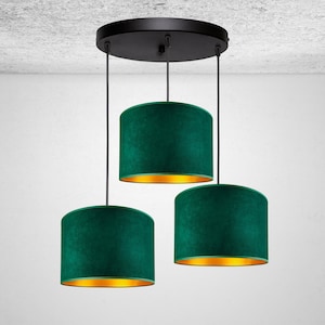 Modern hanging lamp with velvet shade - stylish pendant lamp in bottle green 3-bulb