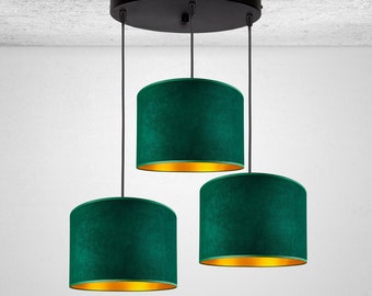 Lampe à suspension moderne avec abat-jour en velours - suspension élégante en vert bouteille à 3 lampes