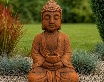 XL Boeddha Shiva tuinbeeld met authentieke roestpatina | Gegoten stenen beeld 48 cm | Vorstbestendig | Zen decoratie | Handgemaakt in Duitsland