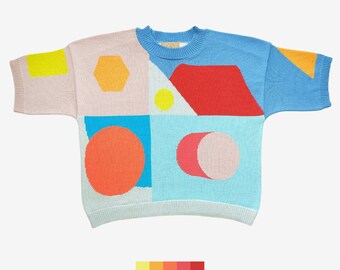 Camiseta de intarsia hecha a mano: mezcla de seda y algodón italiano, cuello redondo, diseño geométrico