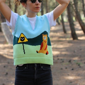 May include: A light blue knitted vest with a green, yellow, and orange bear and a black triangle with a black cat graphic. The vest has a V-neck and is worn over a white t-shirt.