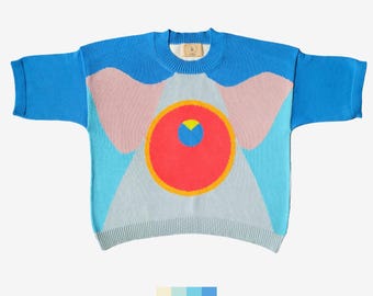 Camiseta de punto intarsia hecha a mano: mezcla de seda y algodón, diseño geométrico
