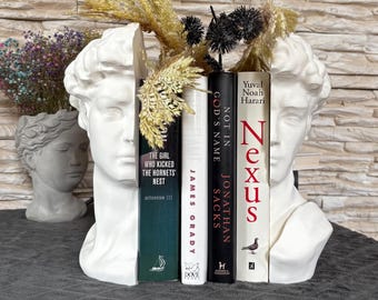 Michelangelos David Buchstützen / 3D gedruckte zweiteilige Kopfskulptur / Weißes klassisches Kunstdekor / Modernes minimalistisches Geschenk für das Haus Büro