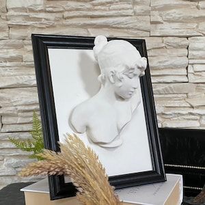 May include: A white plaster bust of a woman's head and shoulders in a black frame. The bust is set against a white background. The frame is sitting on a book with the word "Home" visible on the spine.