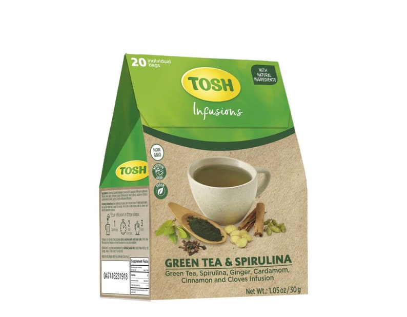 Tosh Green Tea & Spirulina Herbal Tea 20 Bags Etsy