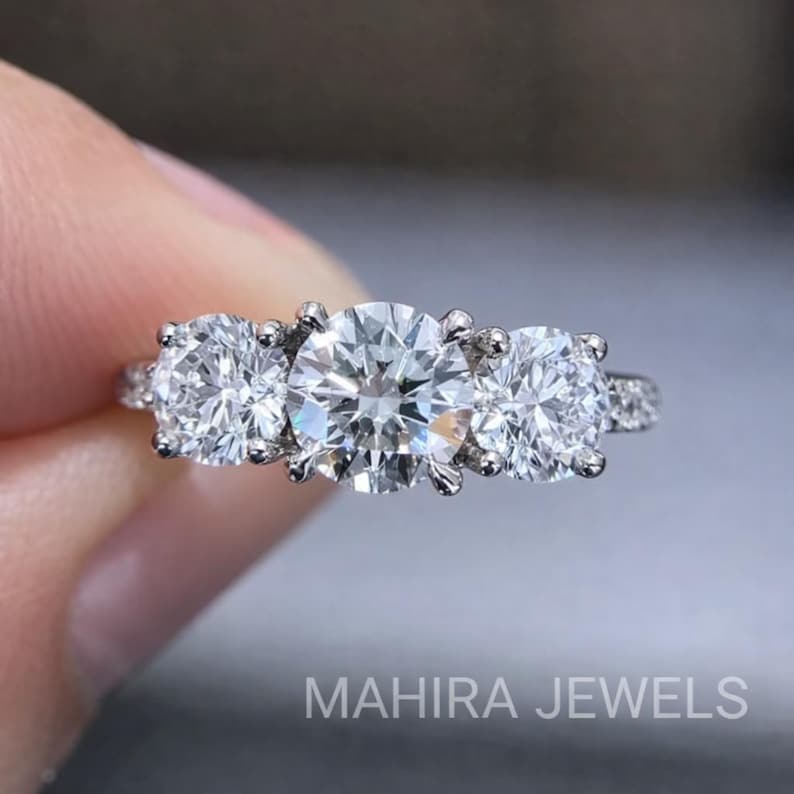 3 Stone Lab Grown Diamond Ring, Round Cut Trilogy Engagement Ring IGI ...
