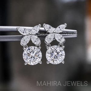 Lab Grown Diamond Stud Earrings, Round Cut Diamond with Leaf Marquise Design, Gold Stud Push back Butter Fly stud, Gift For Her Anniversary