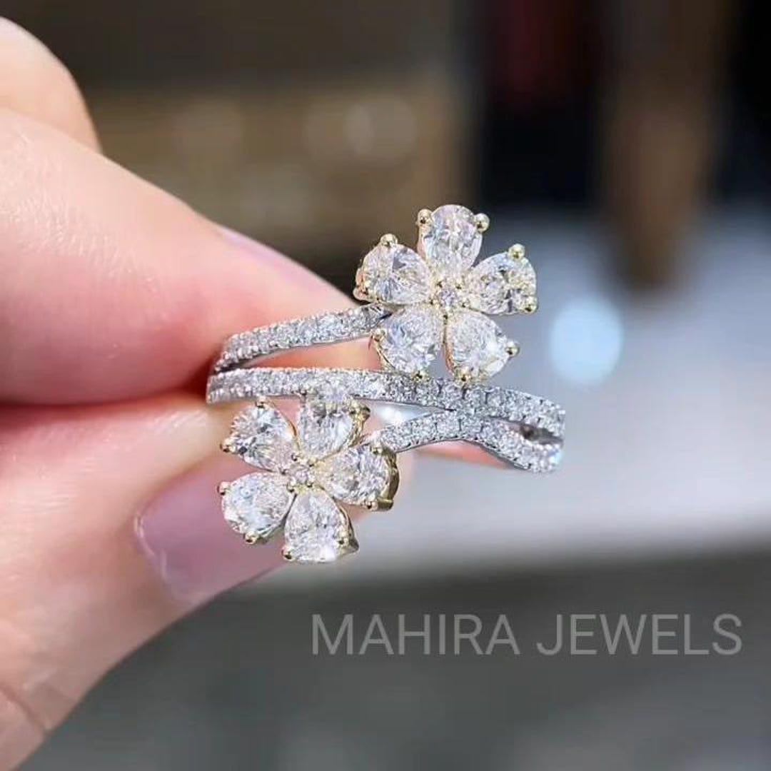 Pear Cut Lab Grown Diamond Bypass Flower Ring, Floral Pear Diamond Wrap ...