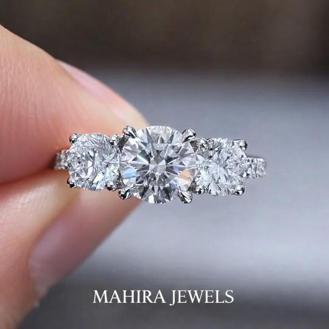 3 Stone Lab Grown Diamond Ring, Round Cut Trilogy Engagement Ring IGI ...