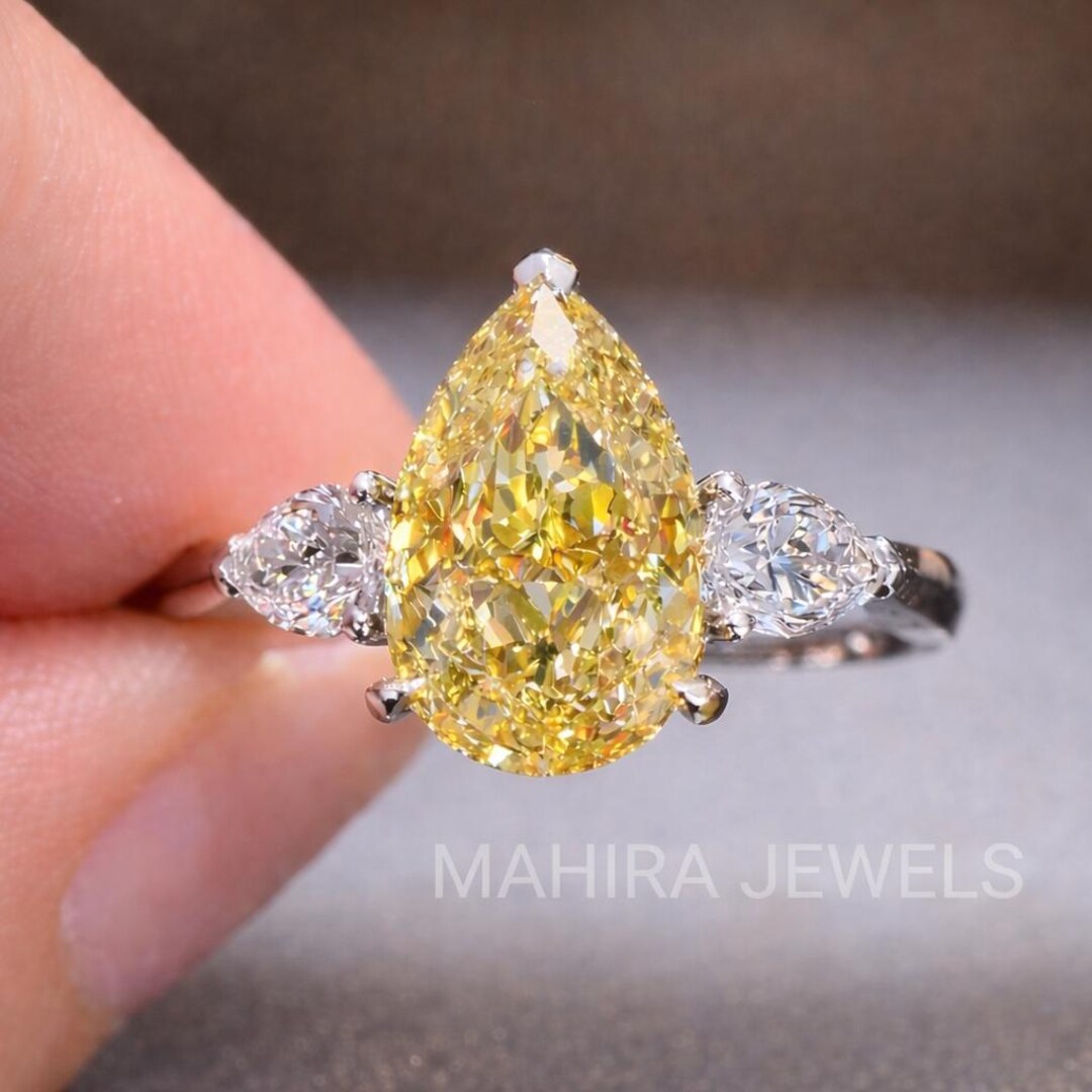 3 CT Yellow Pear Shape Lab Grown Diamond Ring, 3 Stone Engagement Ring ...