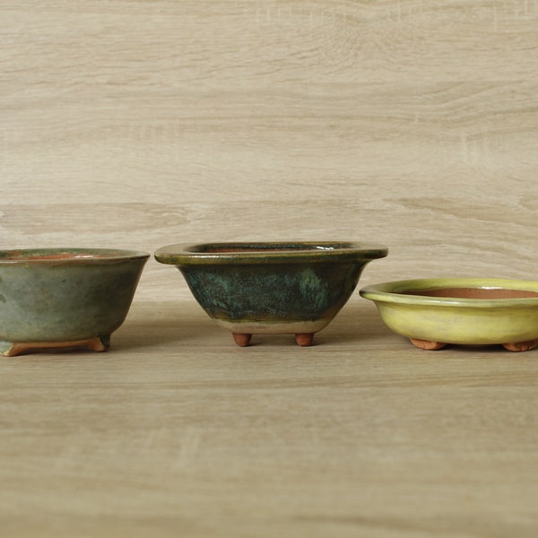 Mame bonsai pots - gray - 10 x 4.5 cm, green - 12 x 12 x 5 cm, yellow - 11.5 x 3 cm. Price for three pieces.