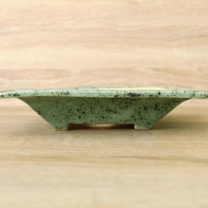 Puede incluir: Una pequeña maceta rectangular de cerámica para bonsái con un esmalte verde claro moteado. La maceta tiene un perfil bajo con lados angulados y pequeños pies. La maceta mide aproximadamente 20 cm de largo.