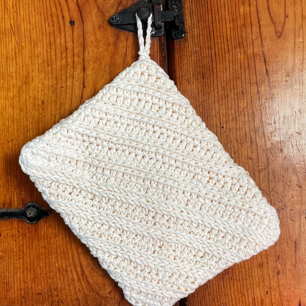 Textured farmhouse potholder, light color minimalist trivet, handcrafted crocheted hot pad, simple kitchen accessories