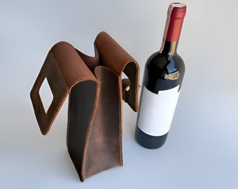 Cubierta de botella de cuero, caddy de vino de cuero, portabotellas de cuero hecho a mano, portador de botellas de vino de cuero, tote de vino de cuero para regalar