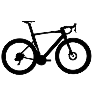 Puede incluir: Una silueta negra de una bicicleta de carretera con neumáticos finos y un cuadro curvo.