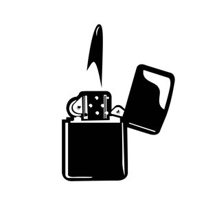 Puede incluir: Una ilustración en blanco y negro de un encendedor con la tapa abierta y una llama saliendo de la parte superior.