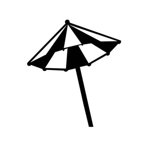 May include: Black and white striped beach umbrella with a black handle.