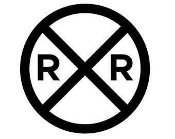 May include: Black and white railway crossing sign with the letters RR inside a circle.