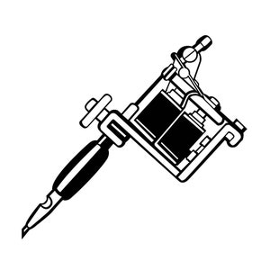以下が含まれることがあります： タトゥー マシンの白黒イラスト。マシンはコイル式で、先端に針が付いています。