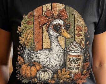 Fall Goose PNG, Pumpkin Spice PNG, Cute Autumn Goose with Bow, Heart Sunglasses, Fall Leaves, Pumpkin Season Sublimation Design