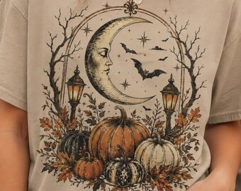 Vintage Halloween Fall PNG, Moon Bats Pumpkins Lanterns PNG, Gothic Autumn Clipart, Spooky Night Digital Download