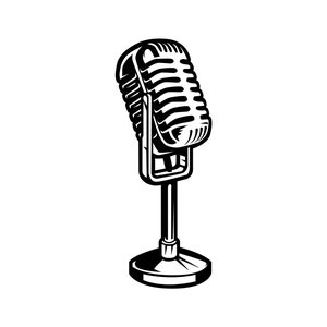 May include: A black and white illustration of a vintage microphone on a stand.