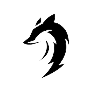 May include: A black and white graphic depicting a fox's head in profile. The fox is rendered in a modern, stylized design with sharp angles and curves. The fox faces left, with its ear and tail clearly visible against a white background.