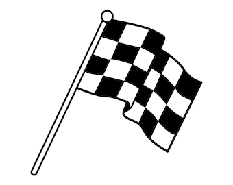 May include: A black and white checkered racing flag on a white background. The flag is waving, with a long pole and a small white circle at the top. The design is a simple, graphic illustration.