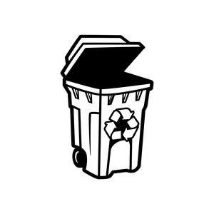 May include: Black and white illustration of a recycling bin with the lid open. The bin has a recycling symbol on the front and a wheel on the side. The bin is designed for waste disposal and recycling.