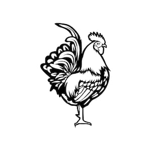 May include: Black and white illustration of a rooster with a large, detailed comb and wattles. The rooster is standing with its tail feathers spread out.