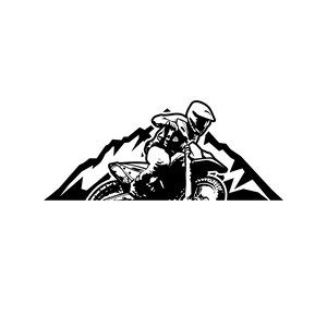 May include: Black and white illustration of a motocross rider on a dirt bike, riding over a mountain range.