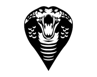 May include: A black and white graphic illustration of a cobra snake with its hood flared and mouth open, revealing fangs. The cobra is depicted in a stylized, symmetrical design, with a triangular body shape.