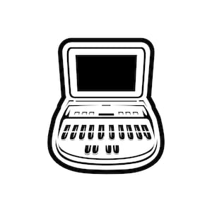 Könnte beinhalten: Schwarz-Weiß-Illustration eines Tasteninstruments mit Bildschirm. Das Instrument hat eine abgerundete Form mit einer Tastatur und einem Bildschirm. Die Tasten sind schwarz und weiß, und der Bildschirm ist schwarz.