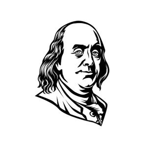 May include: Black and white illustration of Benjamin Franklin, a historical figure. The portrait features a detailed depiction of his face, hair, and clothing, with a focus on the lines and shadows to create depth. The image is set against a plain white background.