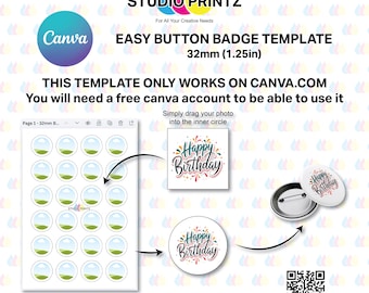 32mm Button Badges Template (Canva) - 1.25 inches