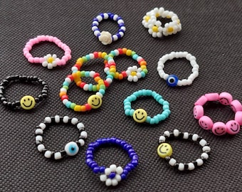 Cute customisable Beaded rings Rainbow Bead Ring Fashion Handmade Multi Color Flower Beads For Women Girls Buy 3 and get 1 free