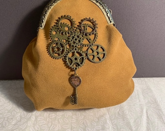 Steampunk brown suede kiss clasp purse