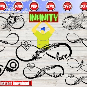 May include: A set of 10 black and white infinity symbol SVG cut files featuring feathers, hearts, and the words "love" and "live".