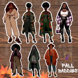 African-American Fall Fashionista Digital Dolls - Planner & Sticker Art with Shadow Outlines - Urban Digital Dolls- Urban Planner Girls
