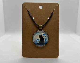 Watercolor White & Blue Cat Cabochon Necklace