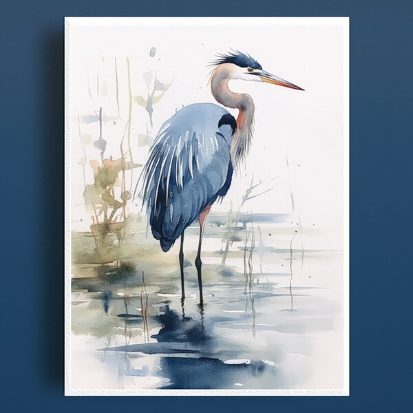 Blue Heron Watercolor Printable Art Coastal Bird Wall Decor Heron Wall ...