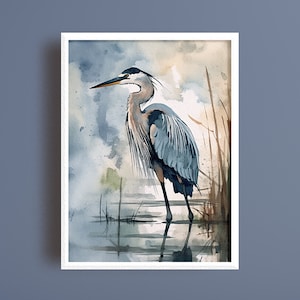 Blue Heron Watercolor Printable Art Coastal Bird Wall Decor Heron Wall Art Download Great Blue Heron Artwork Print PNG