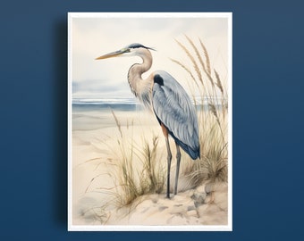 Blue Heron Print Heron Watercolor Art Coastal Decor Printable Wall Art Bird Prints Beachy Room Print Great Blue Heron