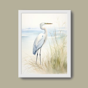 Printable Wall Art Egret Digital Download Heron Art Bird Print Coastal Decor Bird PNG Great Egret Coastal Wall Art