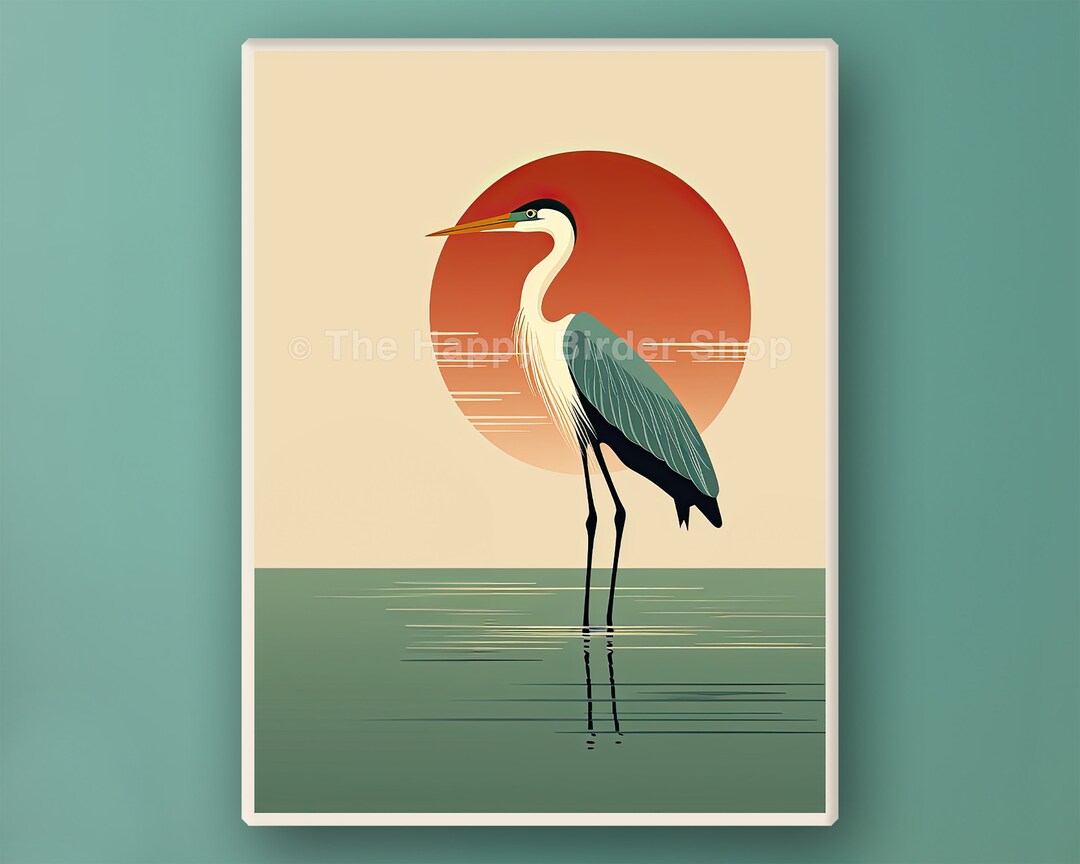 Midcentury Retro Art Printable Blue Heron Coastal Bird Decor Etsy