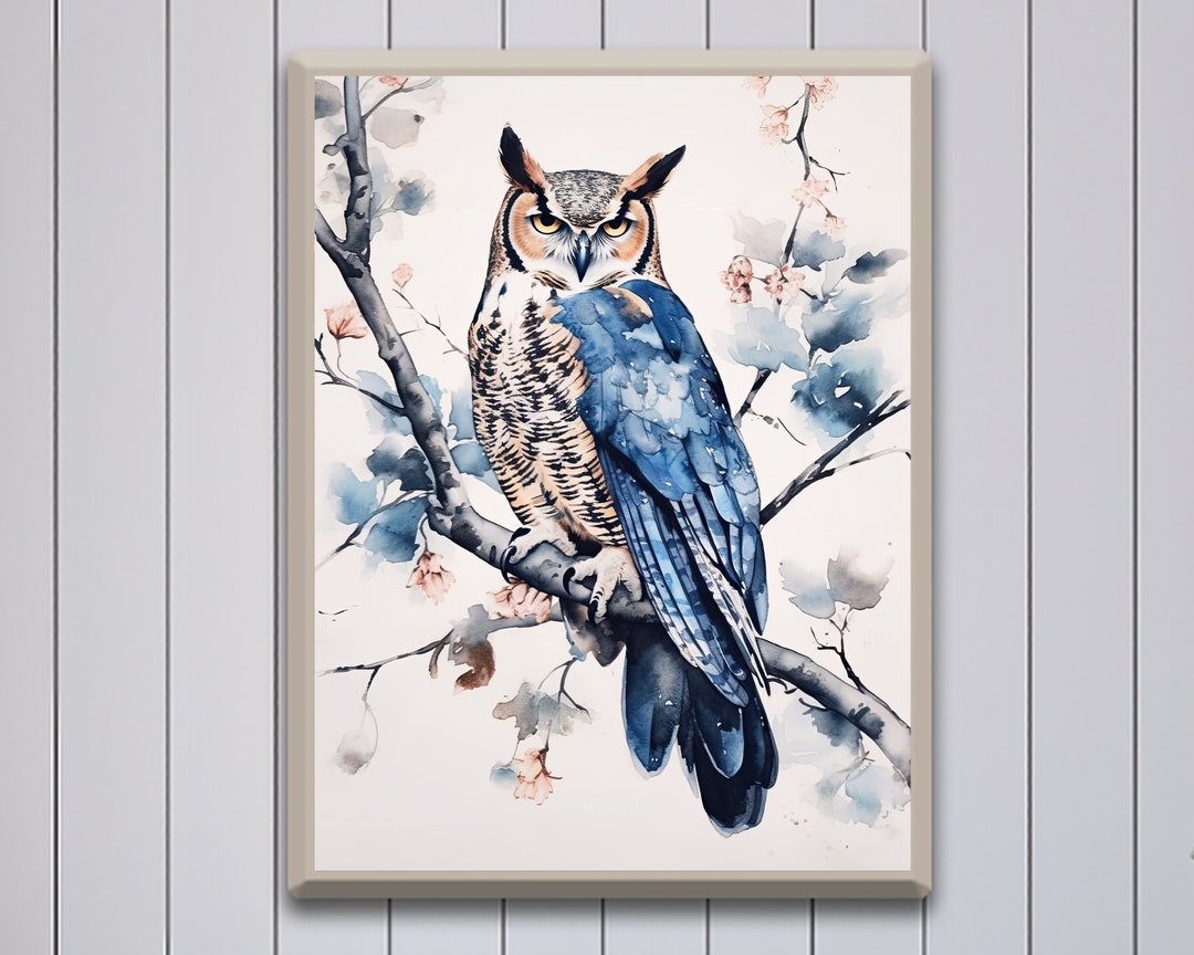 Great Horned Owl Watercolor Wall Art Nature Bird Decor Owl Wildlife